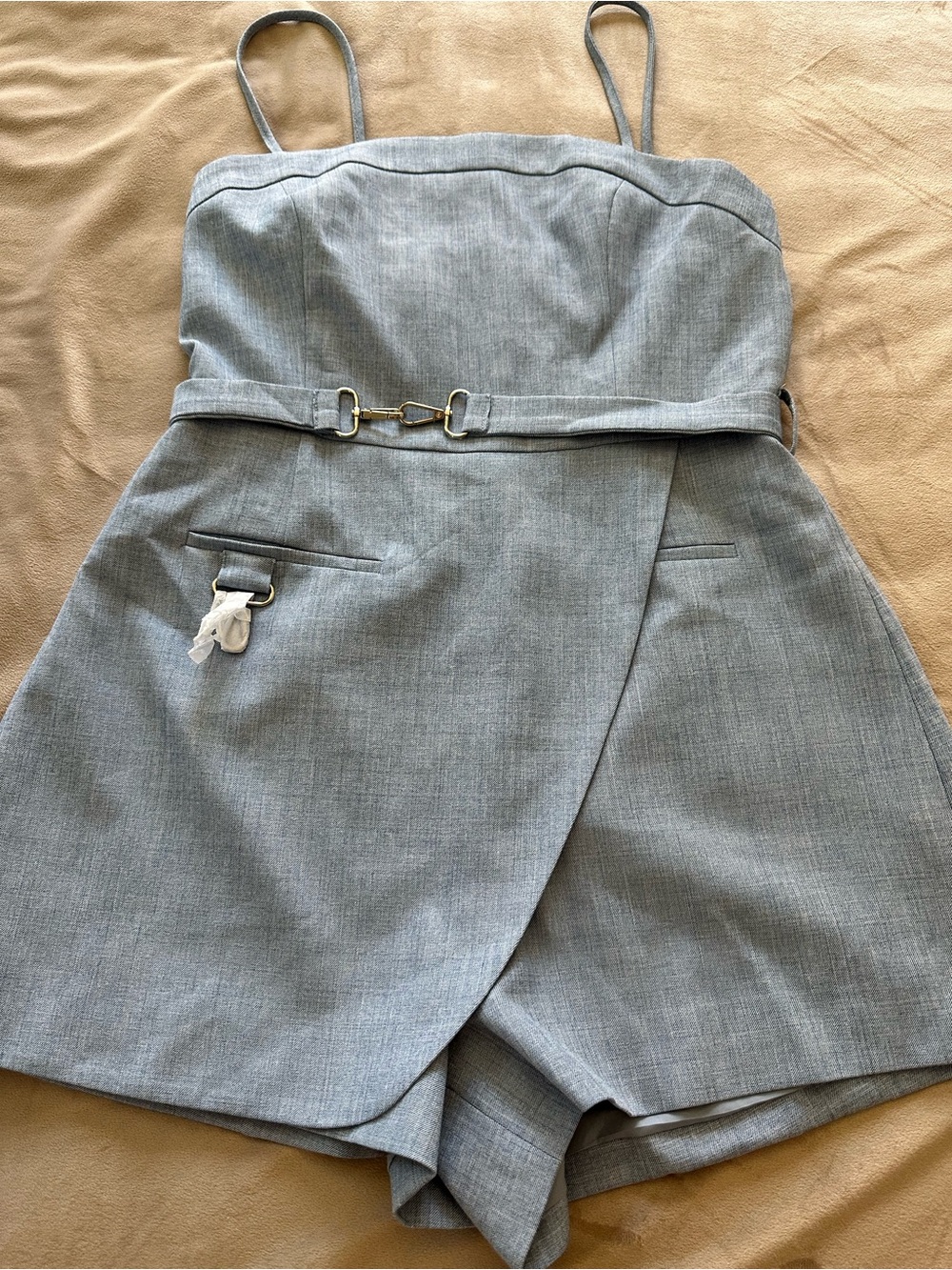 Strapless Light Gray Tailored Skort with Gold Hardware